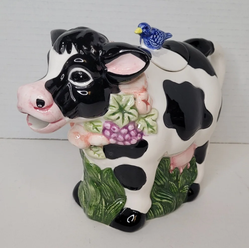 Black White Holstein Cow Teapot with Blue Bird on Back Vintage Wangs Intl Cerami